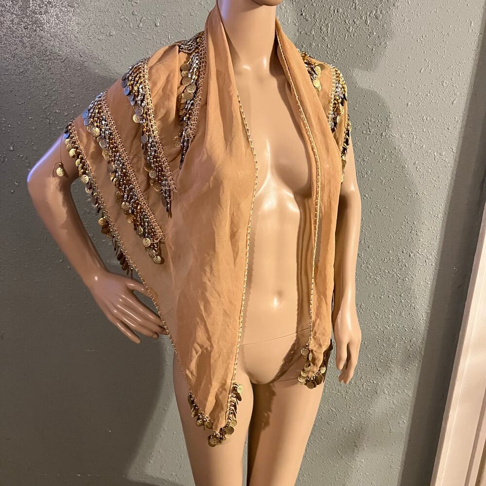 Vintage Women's Scarf wrap belly dancing Beige Sheer with Silver & Gold Beading